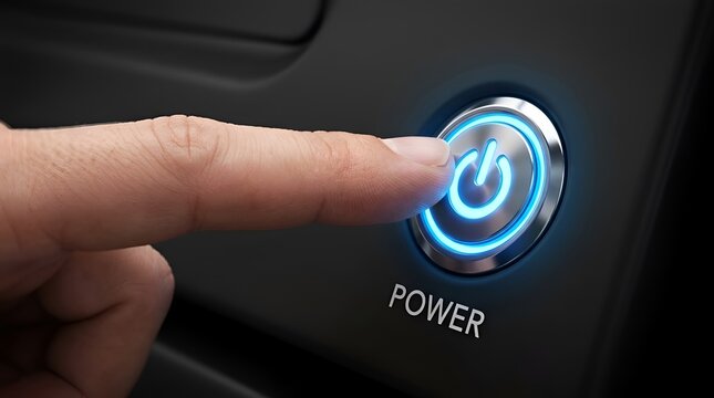 Person pressing a luminous blue power button on a dark electronic device, representing a modern technology startup concept