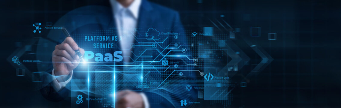 Businessman Pointing PaaS, platform as a service cloud application hosting, virtual developer platform, cloud software execution environment, scalable app deployment infrastructure