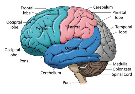 Human brain anatomy diagram with labeled lobes and sections isolated on white background