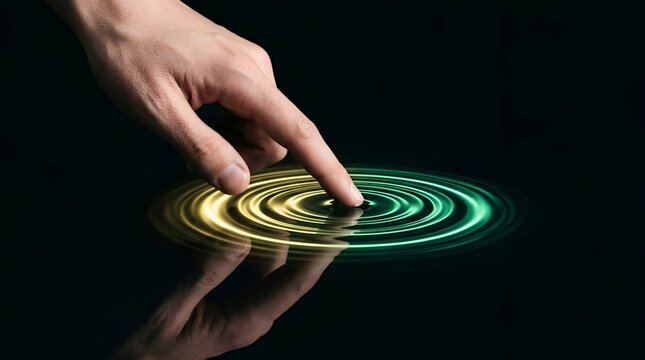 Human hand touching a futuristic digital holographic interface with glowing circular rings on a dark reflective background