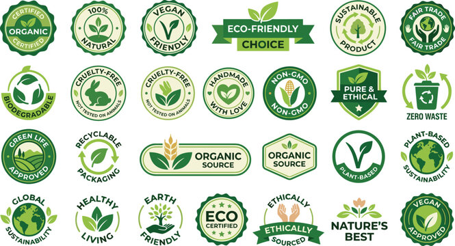Eco Friendly Bio and Organic Product Badge and Label Vector Set in Green Colors