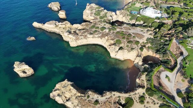 Drone Flight Over Albufeira Coast with Villas and Yachts