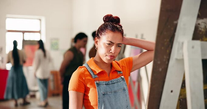 Student, artist and painting in studio with thinking, creative project and learning skill with error. Woman, mistake and canvas in university for technique development, wrong color and creativity