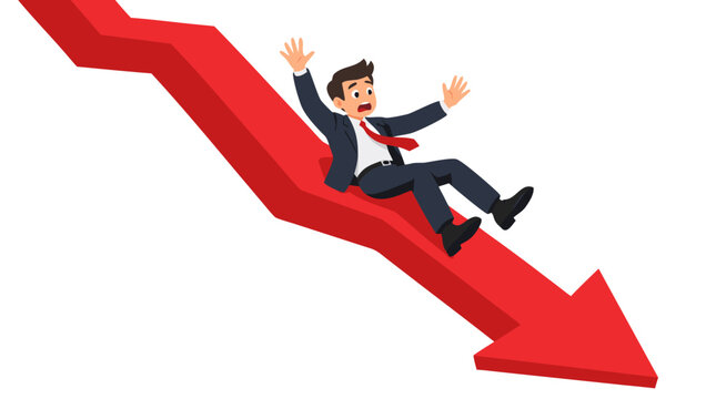 Businessman sliding down steep red downward arrow representing financial risk, business failure, and economic decline in bold flat illustration style - professional high