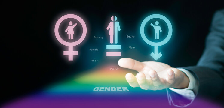 Businessman holding gender equality and LGBTQ+ pride concept. Diversity equity and inclusion DEI, rainbow glow, female male symbols, corporate governance, and human rights.