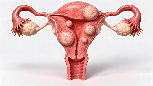 AI generated 3D medical illustration of uterine fibroids and leiomyoma within a human female uterus