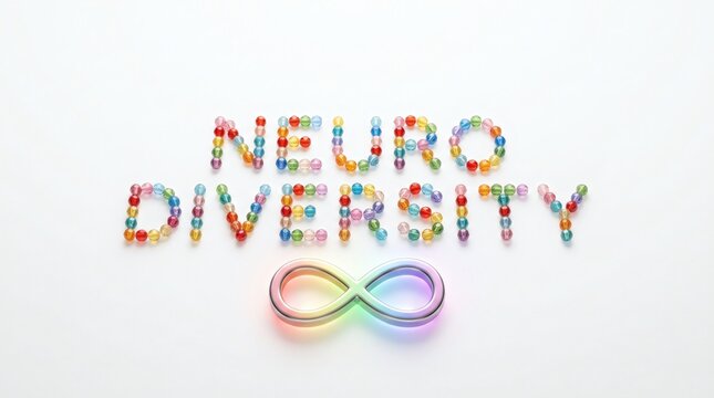 Neurodiversity word art with infinity symbol on white background.