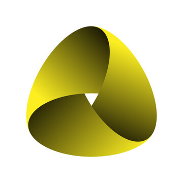Abstract yellow 3D geometric ribbon logo element, continuous triangle loop isolated on white background