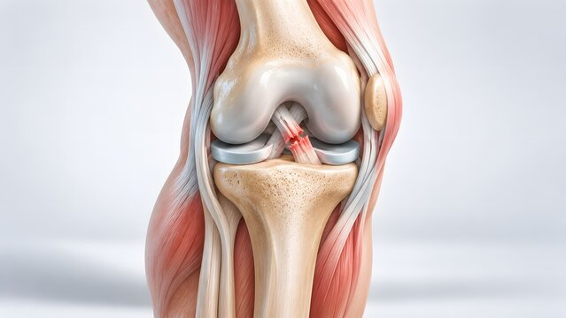 AI generated 3D anatomical illustration of human knee joint showing torn anterior cruciate ligament ACL injury.