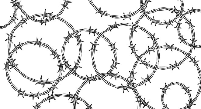 Barbed Wire Vector Background Pattern Set with Coiled Metal Wire and Sharp Spikes