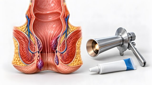 AI generated medical illustration of internal and external hemorrhoids with treatment ointment and anoscope tool