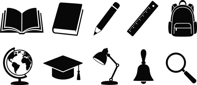 School Supplies and Education Black Silhouette Icon Set