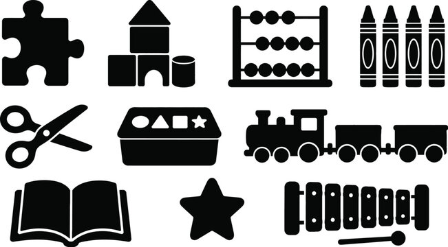 Early Childhood Education and Preschool Toys Black Silhouette Icon Set