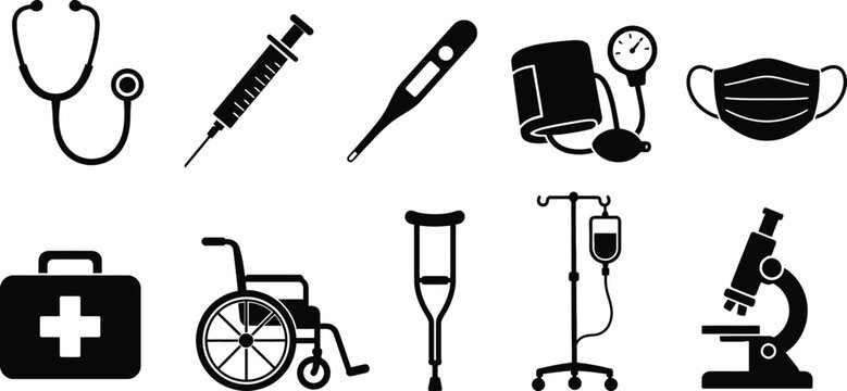 Medical Equipment and Healthcare Supplies Black Silhouette Icon Set