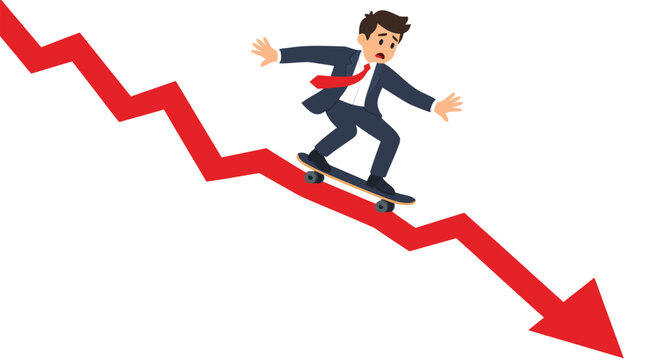 Panicked Businessman Riding Skateboard Down Sharply Declining Red Stock Market Graph Line, Financial Crisis Loss Risk Concept Bold Flat Color Style Modern Vector Illustration