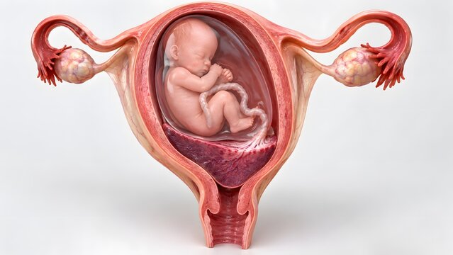 AI generated realistic 3d medical illustration of a human fetus in the uterus during pregnancy development