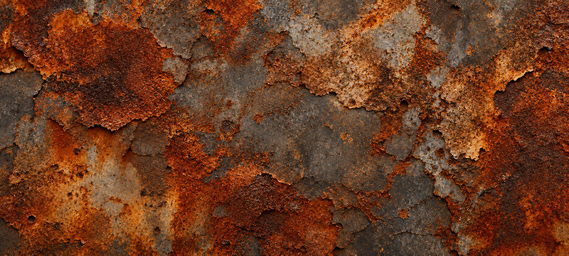 Close up of weathered metal surface with heavy orange rust texture and peeling paint layers