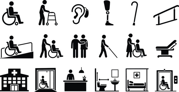 Disability Accessibility and Rehabilitation Healthcare Black Silhouette Icon Set