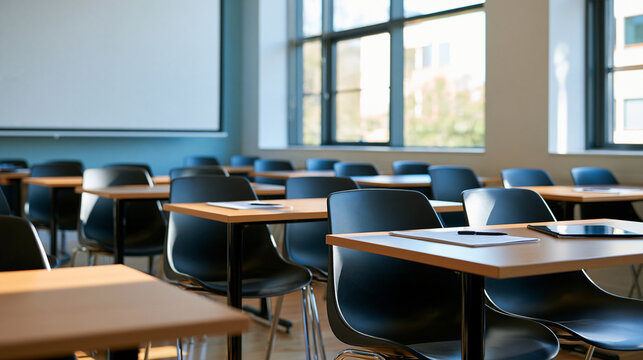 Driving school classroom where students learn road safety rules and regulations in a modern setting, preparing for their driver's license exam, with copy space