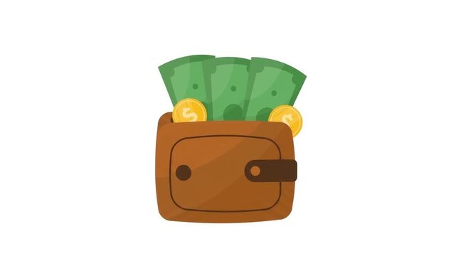 Wallet Full of Cash and Gold Coins, Financial Wealth and Savings Concept Animation