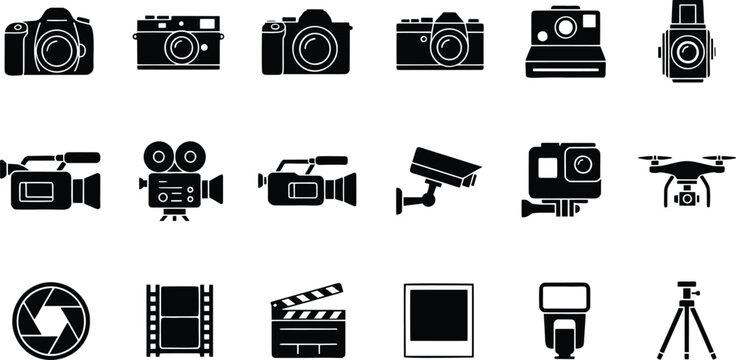 Minimalist camera icons vector set, black photography symbols and video equipment silhouettes, digital media design elements for web and print projects