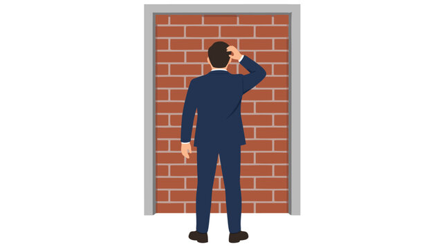 Businessman in suit standing before brick wall blocking doorway representing trapped with no way out, barrier obstacle, dead end frustration concept - professional high detailed commercial stock