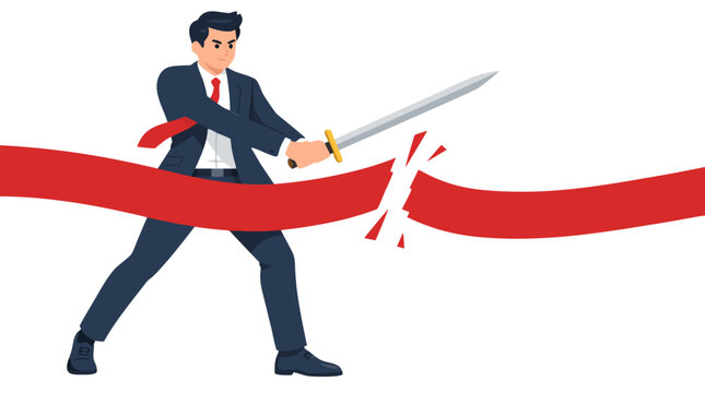 Confident businessman in dark suit swinging silver sword to slice through red ribbon labeled as cost block, bold flat vector illustration of cost cutting strategy and financial savings concept