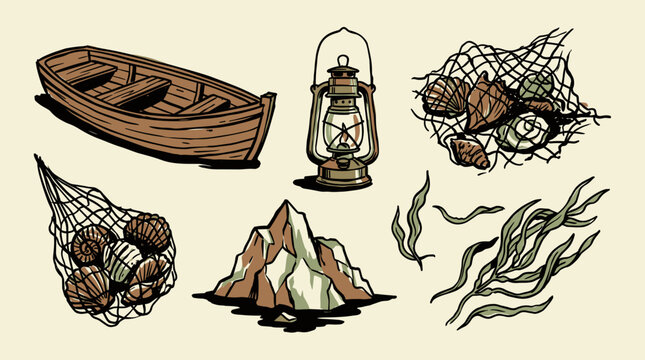 Vintage marine adventure illustration set featuring wooden rowboat lantern fishing nets seashells and seaweed for t-shirt design print and apparel merchandise