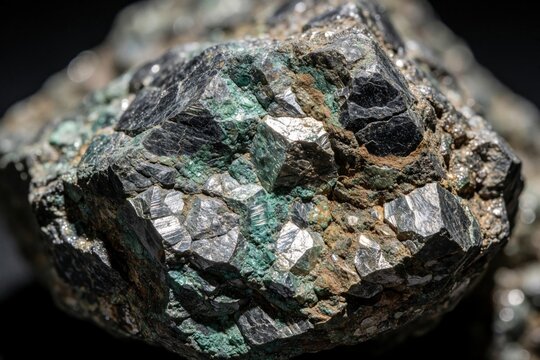 Close up macro of polymetallic ore rock. Raw mineral contains copper, nickel, cobalt, zinc, lead. Textured stone background shows natural metal resources. Geological specimen for mining industry,