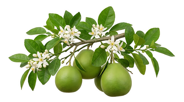 A branch of fresh green pomelo fruit hanging with white fragrant citrus blossoms and green leaves isolated on a white background
