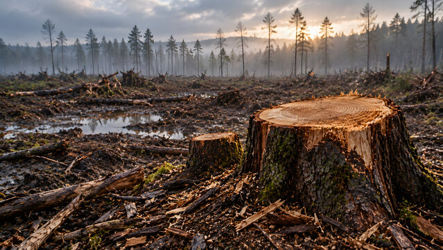 Fresh tree stumps in a cleared woodland after deforestation