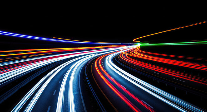 A long, dark highway stretches into the distance, illuminated by streaks of vibrant light trails from speeding vehicles.