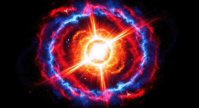 A brilliant, central star explodes in a spectacular supernova event. Intense red and blue energy waves radiate outwards in swirling patterns, creating a dynamic and chaotic visual.