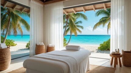Obraz premium Luxury spa room with massage table faces beautiful tropical beach and ocean. Palm trees sway beside turquoise water under clear blue sky, offering serene escape and pure relaxation.