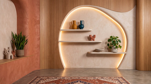 Modern interior studio background with illuminated curved wall niche shelves decor and plants