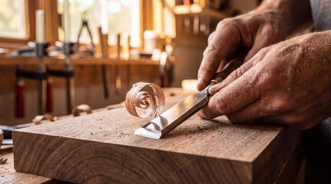 Master carpenter carving wood slab with a sharp metal chisel creating curled wood shavings, generative AI