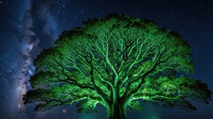 Fototapeta premium Large old tree glows with bright green light under starry night sky. Milky Way galaxy shines in dark cosmos background. Magical forest landscape features illuminated branches, rich canopy. Enchanting