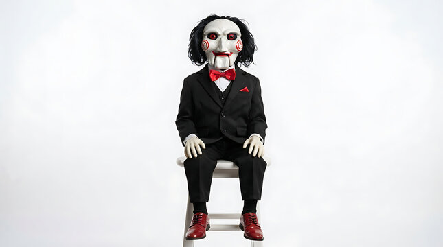 Ventriloquist dummy with a white mask and black suit sitting on a stool against a white background