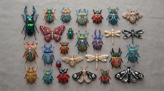 Colorful beaded insect jewelry collection displayed on neutral textured background with copy space