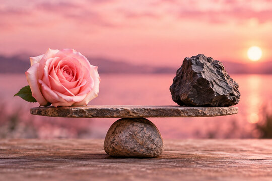 Delicate pink rose and heavy dark rock balanced on opposite ends of a plank, symbolizing softness, strength and equilibrium.
