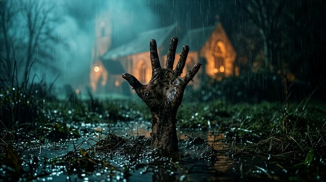 A terrifying muddy zombie hand reaching out from the wet ground during a heavy rainstorm at night, with an old illuminated church blurred in the spooky background for a Halloween theme.