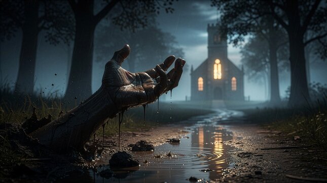 A dramatic zombie arm covered in dark fluid reaching out from a muddy puddle at night, with a misty old church illuminated by warm light in the background, creating a scary Halloween scene.