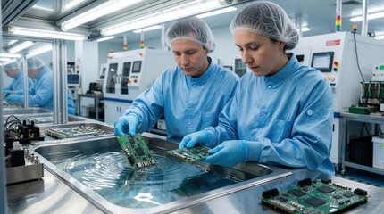 Plakat Two factory workers in blue lab coats, hairnets dip electronic circuit boards into liquid protective coating bath. Technicians perform precision immersion process for conformal coating in clean