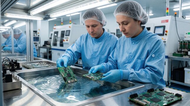 Two factory workers in blue lab coats, hairnets dip electronic circuit boards into liquid protective coating bath. Technicians perform precision immersion process for conformal coating in clean
