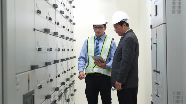 Electrical engineer and technician wearing safety helmet and reflective vest review tablet at control panel in electrical room for safety inspection of electrical equipment and circuit breaker