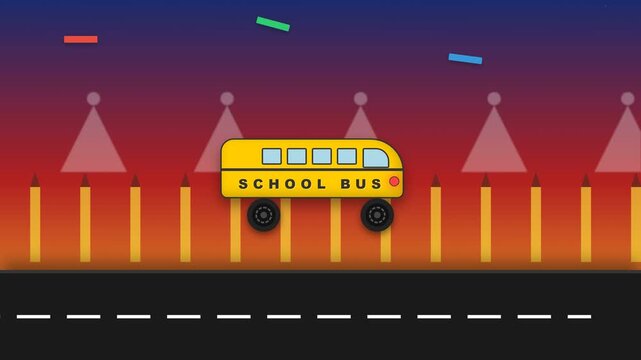 Stylized yellow school bus driving along a road at sunset vector illustration.
