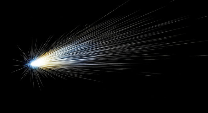 A bright, white star explodes outward with a trail of shimmering, light-blue and white streaks. The star&rsquo;s core glows intensely, radiating light across the dark background.