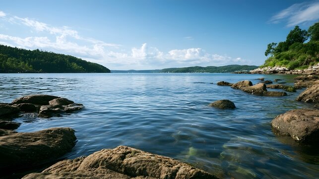 Calm blue water gently laps against rocky shores under a bright sky with scattered clouds