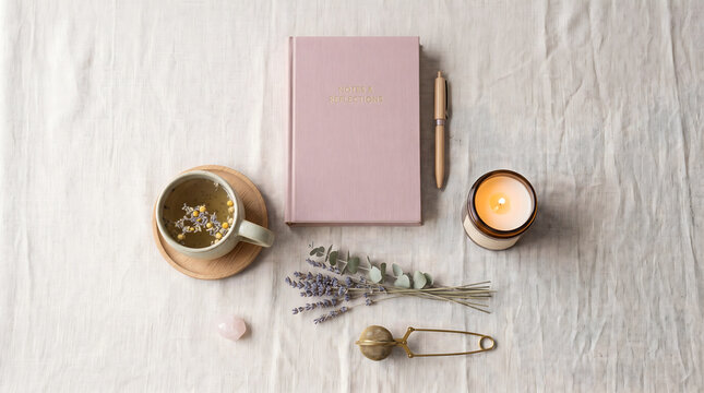 A serene scene promoting Mental Health & Self Care through journaling and natural elements.