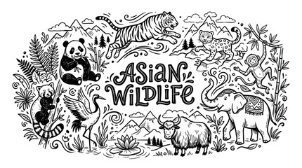 Obraz premium Asian Wildlife Hand Drawn Illustration